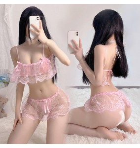 FEE ET MOI - Sheer Lace Bandeau Bikini Set (Pink)